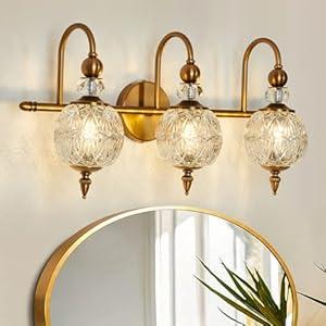 Piepooye Vintage Bathroom Lights Fixtures Gold Vanity Light with Glass Globe LampShade 3 Light Mid Century G9 Bulb Wall Sconce Indoor Vanity Light Over Mirror for Kitchen Bedroom Farmhouse Living Room