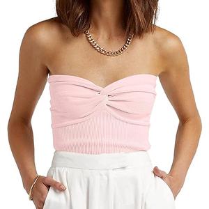 Womens Tube Tops Twist Knot Summer Strapless Y2K Crop Top Ribbed Knit Vacation Outfits Pink S