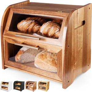 Arise Stylish Acacia Bread Box for Kitchen Countertop, Extra Large 2-Shelf Wooden Bread Storage Container with Clear Windows and Air Vents Keep Bread, Bagels and Rolls Fresh, Self Assembly Arise Stylish Acacia Bread Box for Kitchen Countertop, Extra Large 2-Shelf Wooden Bread Storage Container with Clear Windows and Air Vents Keep Bread, Bagels and Rolls Fresh, Self Assembly
