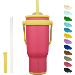 BJPKPK 40 OZ Insulated Travel Tumbler with Handle and Straw, Stainless Steel Water Bottle, Double Wall Vacuum Insulated Mug, for Work, Car, Travel, Rose Pink