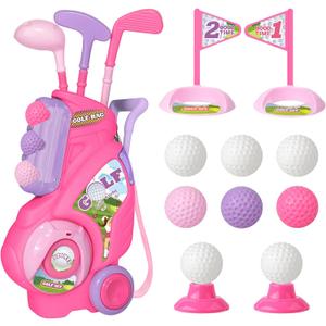 Toddler Golf Set for Girls Boys 1 2 3 4 Years Old, Upgraded Kids Golf Cart with 3 Clubs & 8 Balls, Outdoor Indoor Sports Toys Birthday Gift, Pink