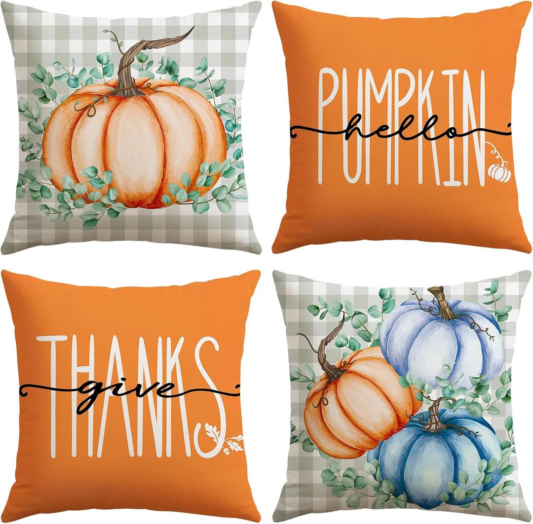 Artscope Fall Decorative Throw Pillow Covers 18x18 Inch Set of 4, Hello Pumpkin Give Thanks Buffalo Plaid Outdoor Farmhouse Pillow Cases for Home Sofa Couch-Orange