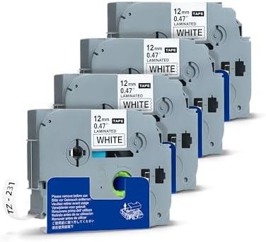 BPXX Replace Brother P-Touch Label Tape, Label Maker Tape Refill 4 Packs, Tze Tapes 12mm 0.47 Laminated White TZe-231 Tze Tz 231 Tapes Compatible with Brother PT-D210 D220 D410 D600 H110 Etc. 