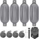 Dreizack Boat Fenders 4 Pack, Boat Bumpers for Docking with 4 Ropes, Inflatable Ribbed Marine Pontoon Boat Fender Bumper for Docks with 1 Storage Bag, 1 Air Pump and 4 Needles (8.5 inch, Grey)