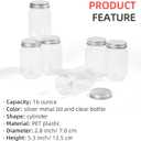 16 Ounce Clear Plastic Mason Jars With Screw On Lid, Reusable Empty Jars for Food Storage, Round BPA Free Containers for Sealing, Dry Food, Snacks, Breakage-proof, (Silver - 10 Pack)