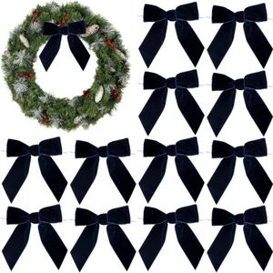 AIMUDI Navy Blue Velvet Bows 4.5" Christmas Bows for Tree Premade Bows for Wreaths Twist Tie Bows for Gift Wrapping, Festive Winter Decor, Tree Garland, Swag, Wedding Decor - 12 PCs