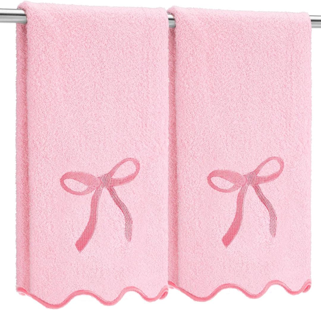 Fanfanwin 2 Pcs Pink Bow Scalloped Hand Towels for Bathroom 26 x 13 Inch Soft Embroidery Cute Coquette Bath Towels Fingertip 100% Cotton Soft Absorbent Boho Bath Decor for Kitchen Bathroom