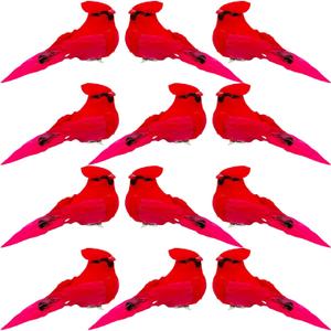 12pcs Red Cardinals Bird Decor Christmas Tree Ornaments 5.5Inch Clip on Fabric Feathered Artificial Birds for Xmas Party Decoration Wreath Crafts