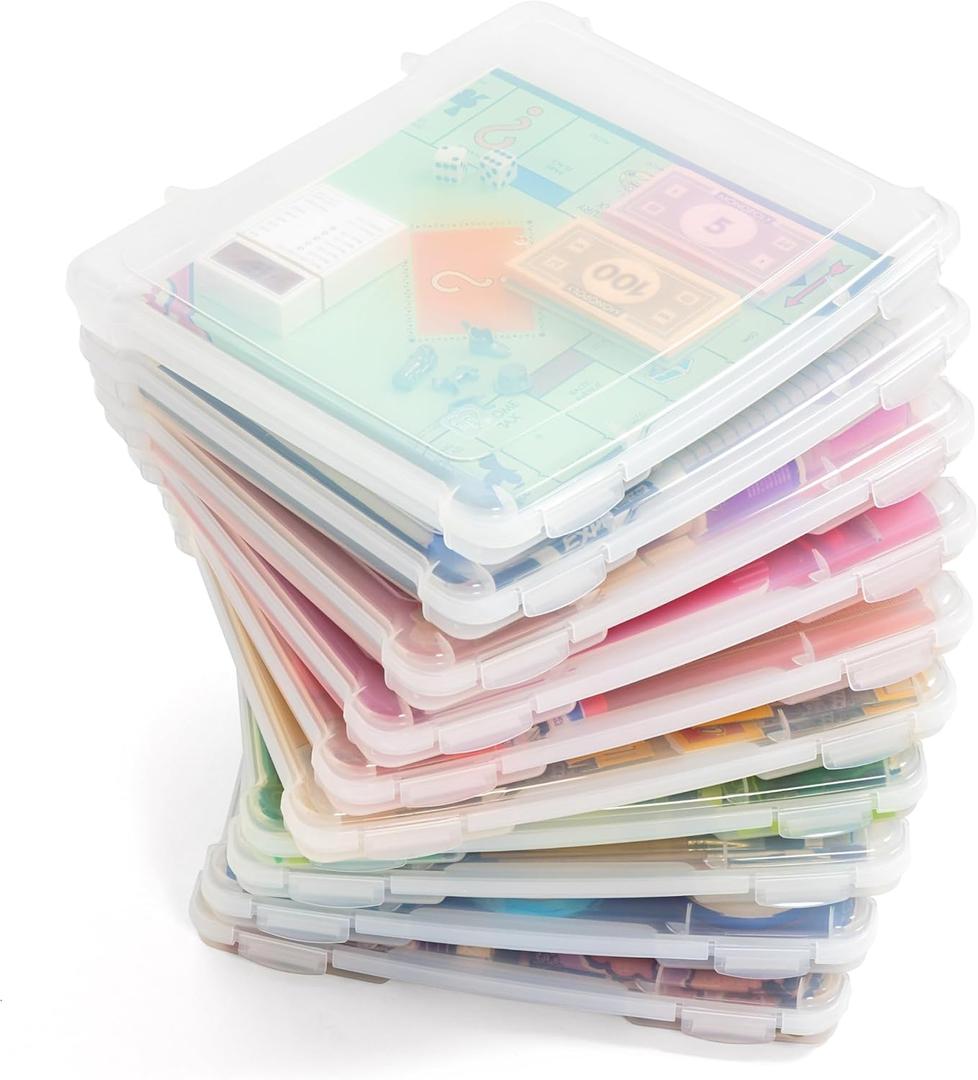  IRIS USA Board Game Storage Craft Organizer Box with Snap-Tight Latch Lid, 10-Pack Portable Plastic Case Bin for Puzzles, Magazines, Hobbies, Art Supplies, Fits 8.5" x 11" & A4 Papers, Slim, Clear