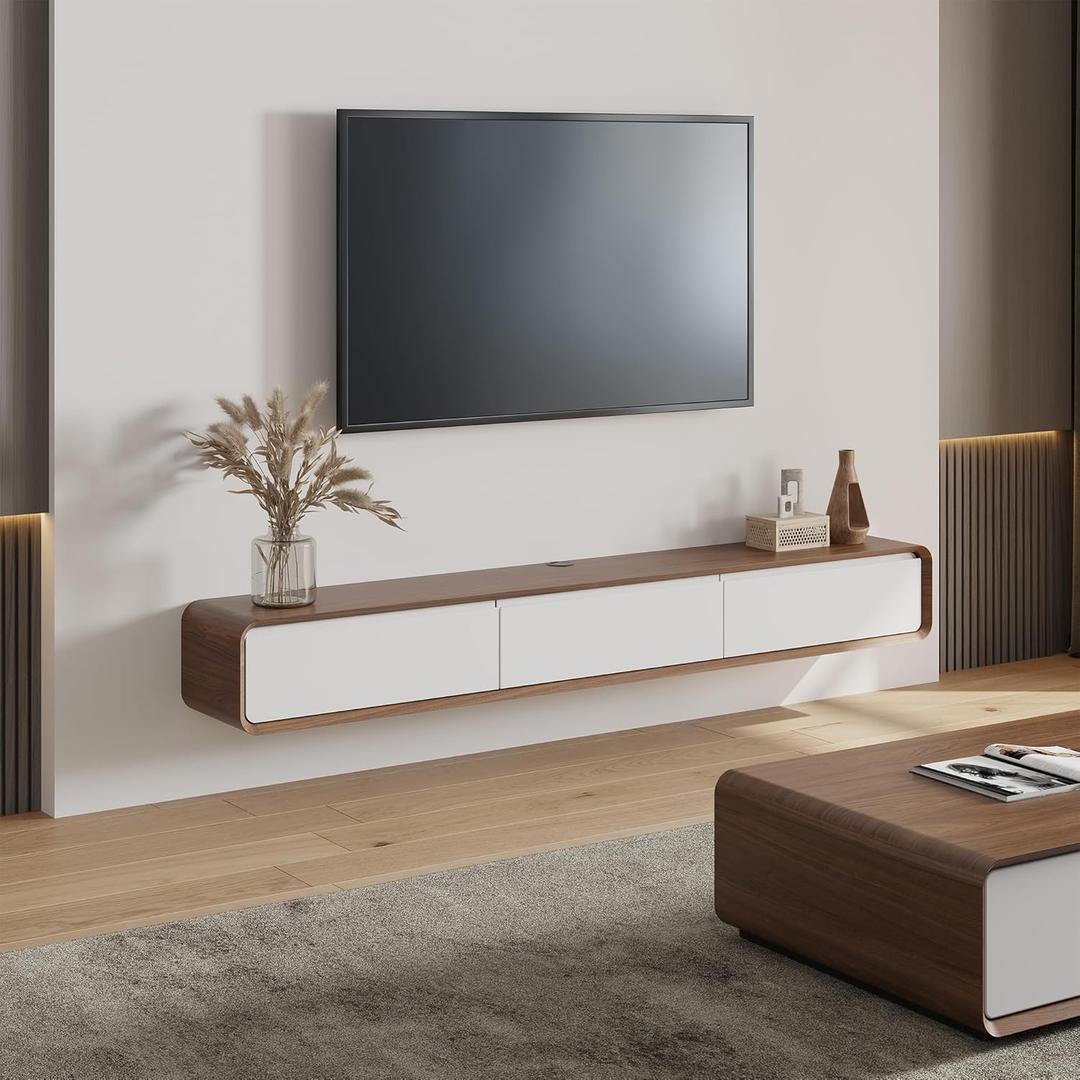 POVISON Fully Assembled Floating TV Stand with Flip-Down Cabinet Doors, 63" Walnut and White Floating Media Console, Solid Wood Floating Entertainment Center, Minimalist TV Stand (62.99")