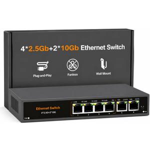 10Gb Ethernet Switch Unmanaged with 2 x 10G RJ45 Ports + 4 x 2.5G RJ45 Ports, 60Gbps, Fanless Metal, Plug & Play, VLAN, Desktop/Wall Mount for NAS, Gaming, WiFi 7 AP
