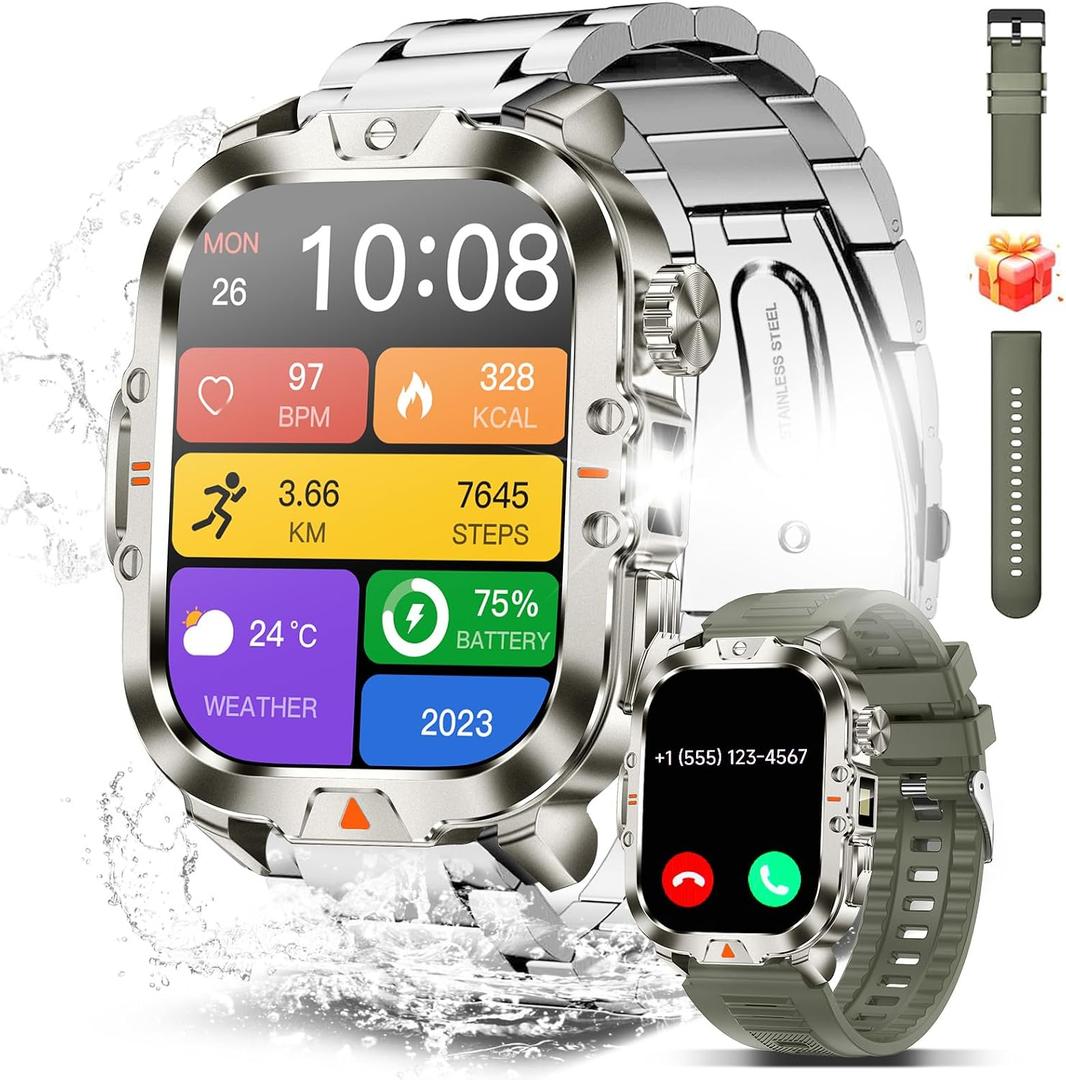 Smart Watch for Men Military Answer/Make Call 2.01 Display 170+ Sports Modes Fitness Smart Watch IP68 Waterproof 30 Days Standby Smartwatch for Android iOS Silver (2 Straps)