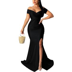 Women Sexy Off Shoulder Prom Evening Gowns Elegant V Neck Short Sleeve Wrap Formal High Split Wedding Guest Dress (Black, XL)