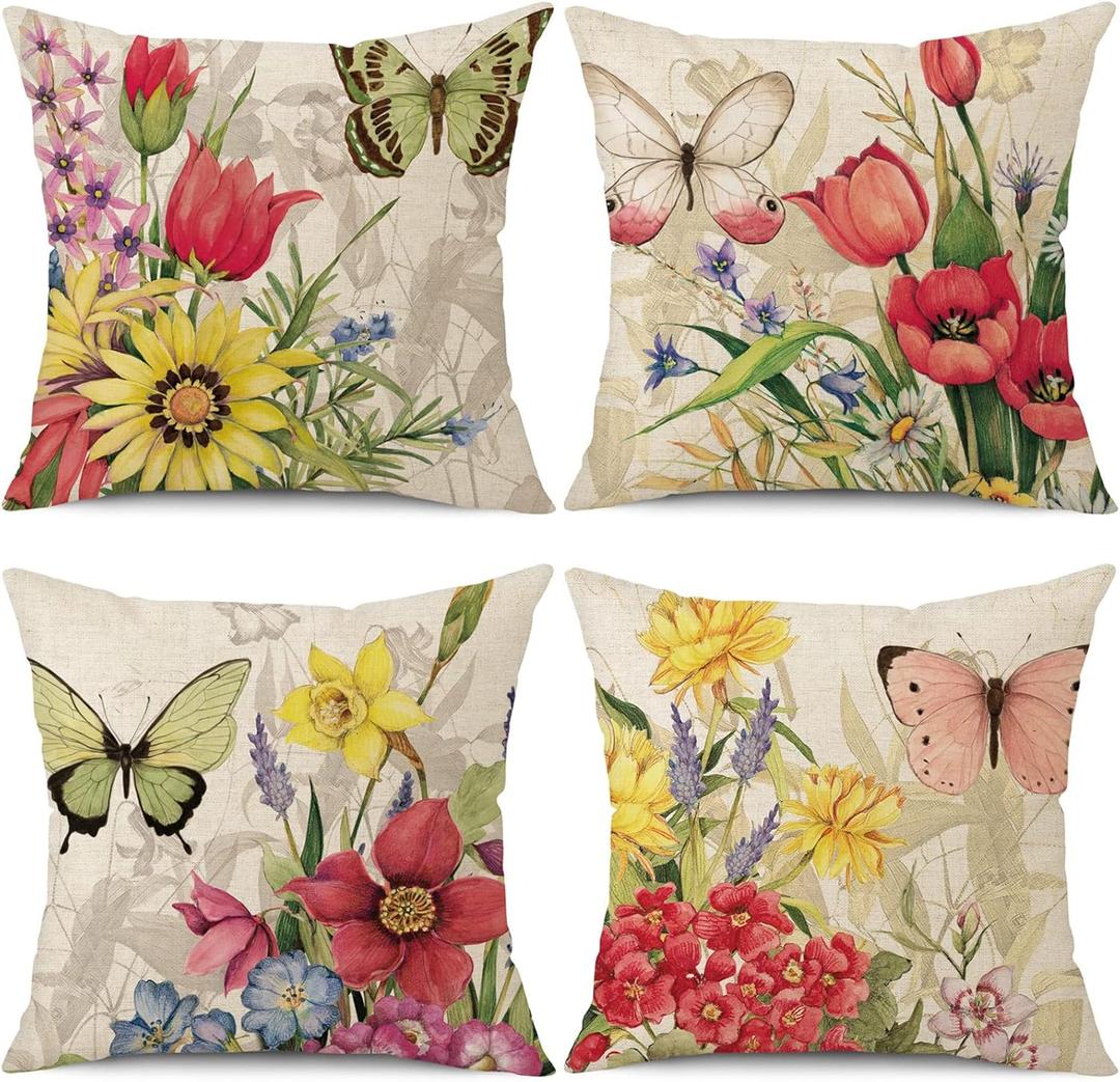 wyooxoo Throw Pillow Covers 20x20 Set of 4 Decorative Spring Pillow Covers Linen Flower Butterfly Farmhouse Pillowcases for Sofa Couch Living Room Outdoor