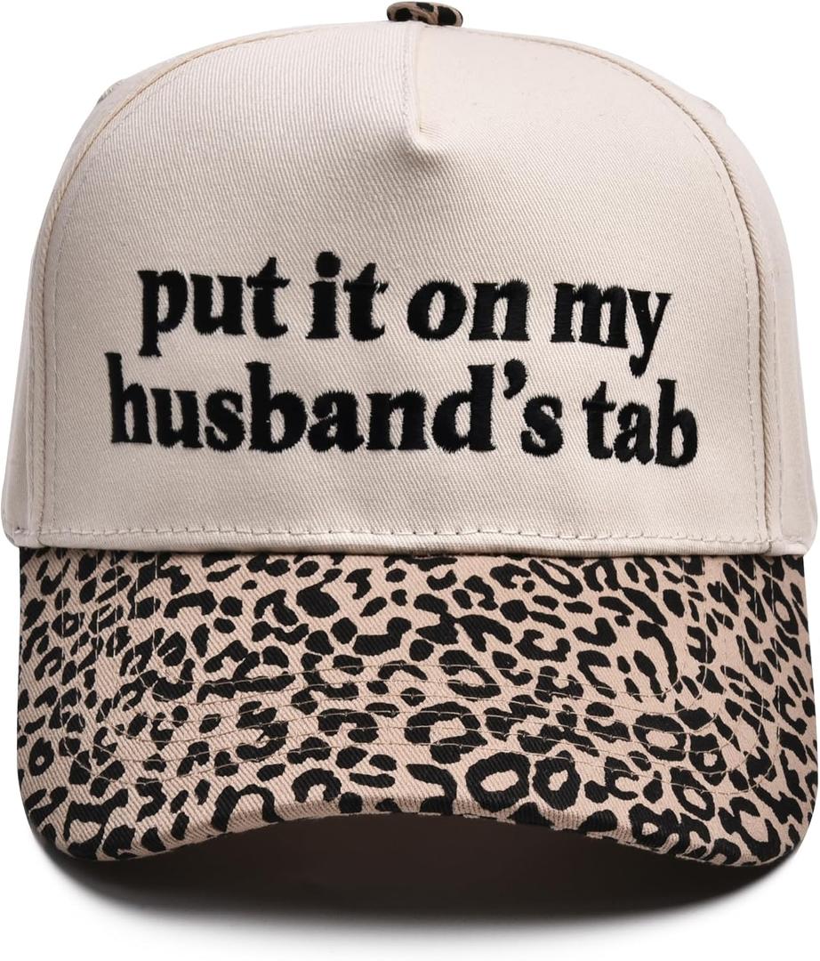 Funny Trucker Hats Women Men,Adjustable Cotton Trendy Cute Vintage Hat, Put It on My Husband's Tab - Leopard/Beige