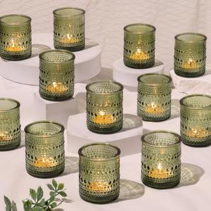 30 Pcs Green Votive Candle Holders, Glass Tea Lights Holder with Polka Dot Embossed, Vintage Candle Holder for Weddings, Home Decor, Baby Shower, Special Occasions