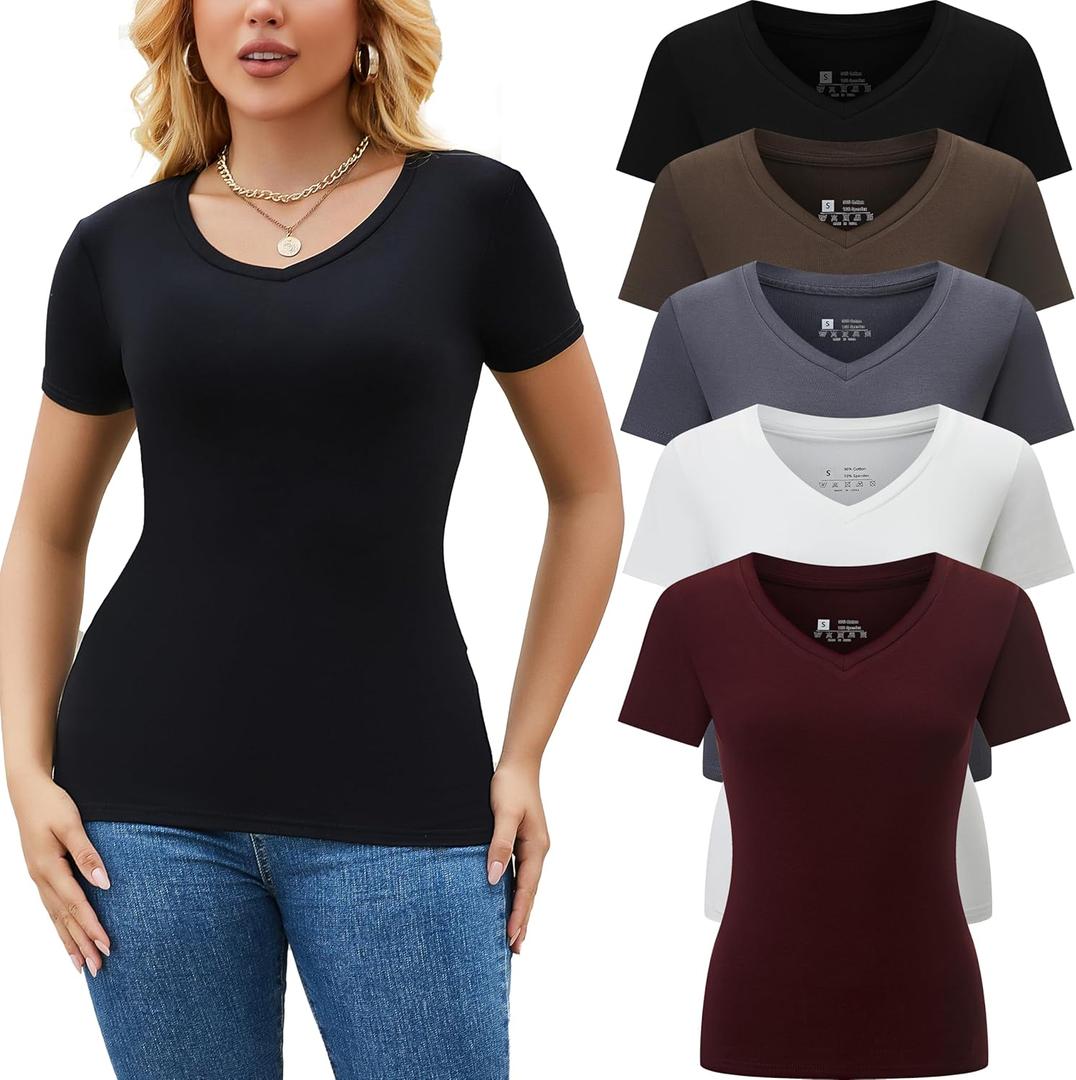 5 Pack Womens T Shirts Short Sleeve Basic Tees V Neck Fashion Tops Slim Fit Casual Summer Outfits Clothes 2026 (Small)