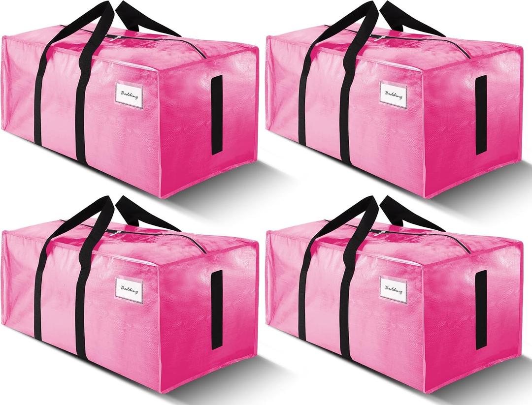 4 Pack Large Strong Moving Bags with Zippers & Carrying Handles - Water-Resistant - Heavy Duty Storage Tote for Space Saving, Fold Flat, Alternative to Moving Box (Pink)