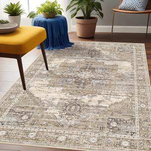 Living Room 7x13.5 Area Rugs - Washable Lightweight Area Rug Stain Resistant Carpet Vintage Soft Rugs for Bedroom Kitchen entryway with Non Slip Backing Home Decor Small Mat 7X13.5 Beige