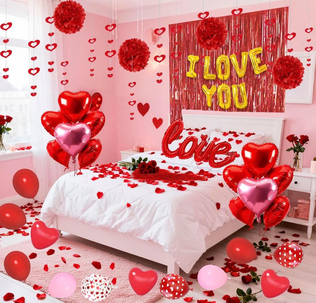 2 x Red Valentines Day Decorations Set, I Love You Banner 1000Pcs Rose Petals Red Pink Heart Hanging Streamer Foil Balloons Paper Pompom Foil Curtain for Wedding Romantic Anniversary Party Decor