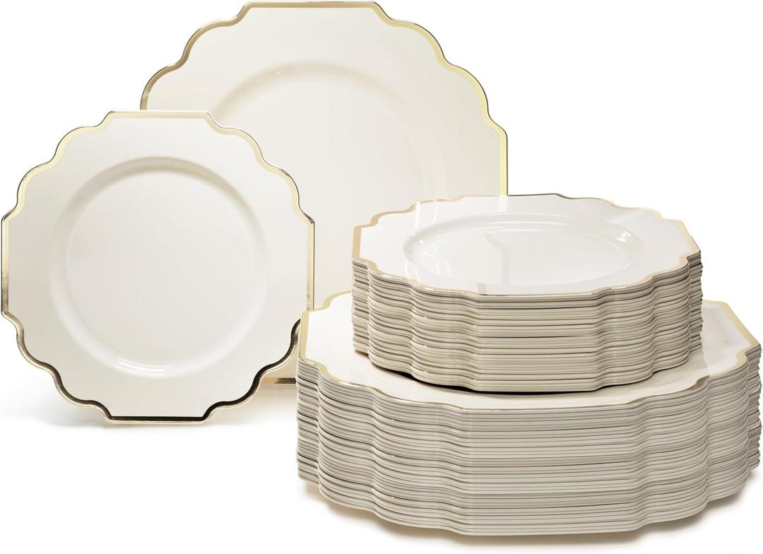 " OCCASIONS " 120 Plates Pack,(60 Guests) Heavyweight Wedding Party Disposable Plastic Plates Set -60 x 10.5'' Dinner + 60 x 8'' Salad/Dessert Plate (Imperial Ivory & Gold), 120 Piece
