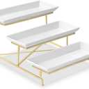 3 Tier Serving Tray Set 14 Inch Porcelain Tiered Serving Platters, Collapsible Sturdier Stand with Stable Cross Bars, Three Layer Serving for Party Entertaining Food Display Fruit Dessert