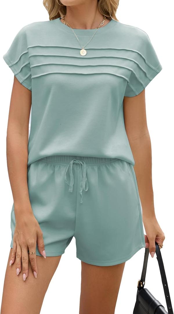Famulily Sweatsuits for Women 2 Piece Outfit Shorts Set Casual Loungewear Round Neck Lounge Shorts Sets Blue L
