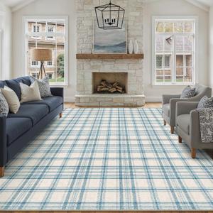 9x12 Blue Area Rug for Living Room Bedroom Soft Low Pile Checkered Large Carpet Modern Accent Non Slip Rug for Dining Room Nursery Office Indoor