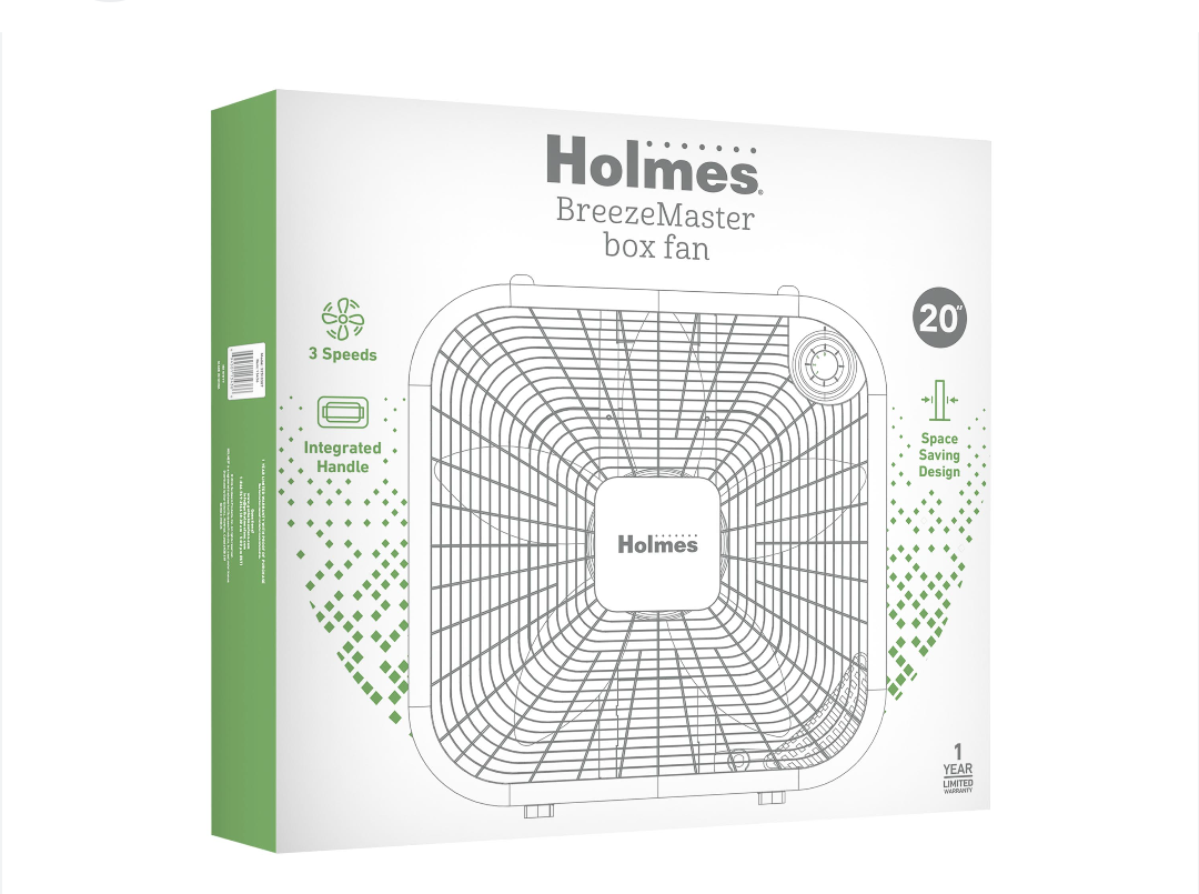 Holmes 20” Box Fan – 3-Speed, High Velocity, Weather-Resistant Motor, Carry Handle, White