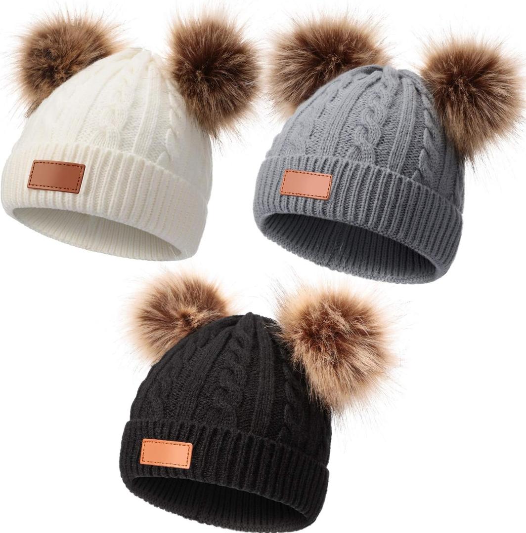 Geyoga Kids Toddler Winter Pompom Hat Baby Knitted Beanie Hat Faux Fur Pom Beanie Cap for Girls Boys 1-3 Years Old (Gray, White, Black)