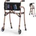 Narrow Walkers for Seniors with Seat, Lightweight Folding Space Saver Mobility Rolling Walker,Height Adjustable Standard Walker with Aluminum Frame, 5-inch Wheels, Compact Travel Walker (Bronze)