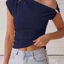 PRETTYGARDEN Womens Summer Off The Shoulder Crop Tops Ribbed Going Out Fitting T Shirts Trendy Spring Y2k Clothes 2026 (Blue, M)