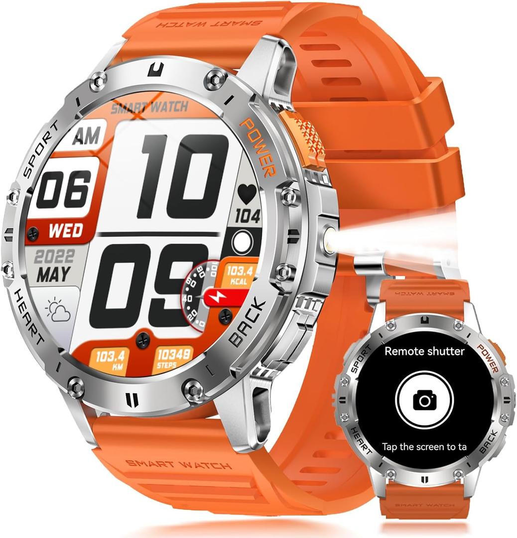 Military Smart Watches for Men with Flashlight, 170+ Sport Modes 1.43" AMOLED Screen, 530mAh Answer/Make Calls, Bluetooth for Android Phones and iPhone Compatible Heart Rate/SpO2/Sleep (Silver)
