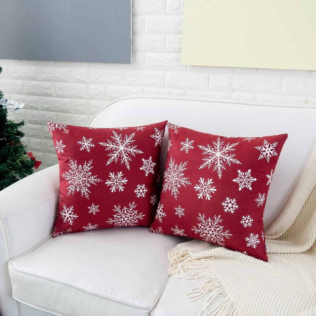 HWY 50 Red Decorative Throw Pillow Covers 20x20 Inch for Couch Sofa Living Room Bed, Soft Christmas Big and Small Snowflakes Print Throw Pillows Cases Cushion Cover Pack of 2