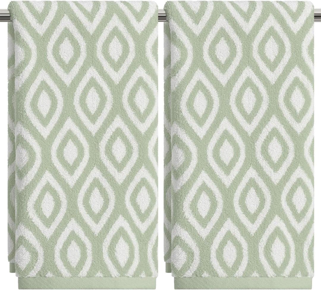 Artoid Mode 2 Pcs Beige Green Diamond Grid Jacquard Hand Towels for Bathroom, 100% Cotton Soft Absorbent Bathroom Decor Towels, 13.7 x 29.5 Inch