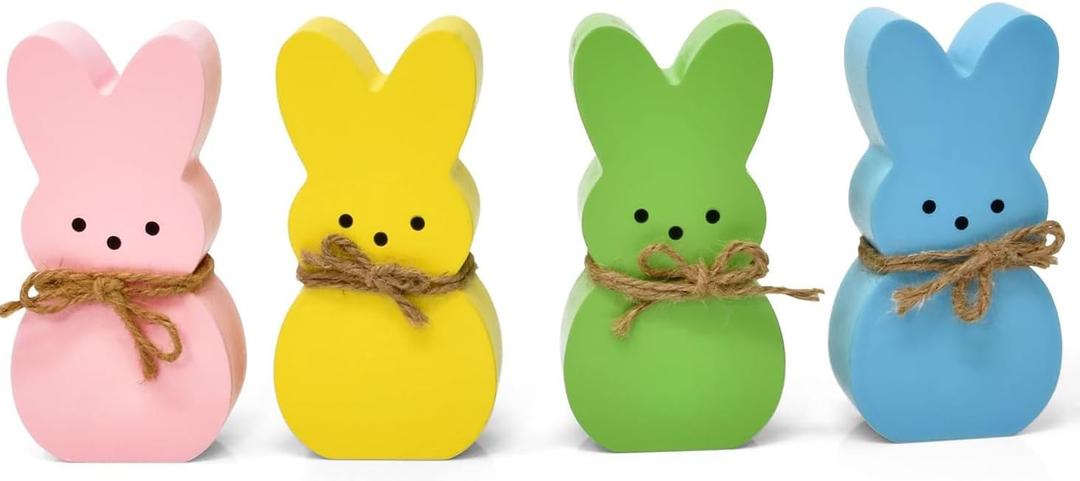 Easter Decorations, Himmel 4PCS Peeps Decor, Easter Wooden Signs for Tiered Tray, Easter Table Decorations Rustic Freestanding Tabletop for Indoor Gift and Dinning Room
