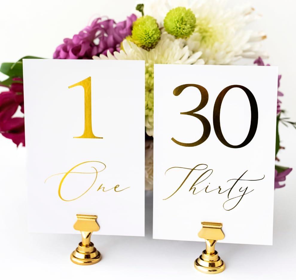 Table Numbers 1-30 | Elegant Gold Foil Table Number Cards, Double-sided, Sturdy 4x6 inches with Head & Gift Table | Perfect for Wedding Reception & Special Events