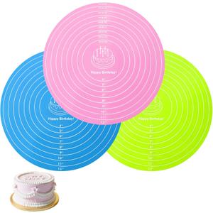 3PCS Silicone Cake Mats Silicone Baking Mat Round Cake Mat with Measurements Non-Stick Heat Resistant Pastry Baking Sheet for Cake Turntable Stand Pizza Fondant Making (Green+Pink+Blue)