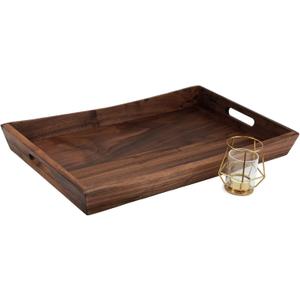 22 x 14 Inches Large Rectangle Curved Black Walnut Wood Ottoman Tray with Handles, Serve Tea, Coffee, Classic Wooden Decorative Serving Tray