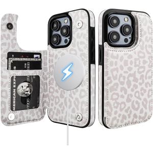 HAOPINSH for iPhone 15 Pro Case Wallet Compatible with MagSafe Wireless Charging, White Leopard Pattern Back Flip Folio Leather Kickstand Card Slots Case Double Magnetic Clasp Cover 6.7"