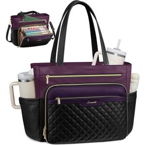 LOVEVOOK Teacher Tote Bag with Accordion File Pocket, Soft PU Leather Work Briefcase Quilted Laptop Bag with Large Cup Holder