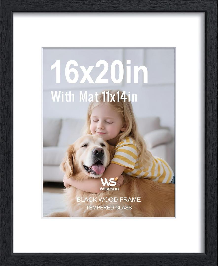 16x20 Black Picture Frame - Wood Frame with Tempered Glass, Displays 11x14 with Mat or 16 x 20 Photo, for Any Wall - Hang Horizontal or Vertical, 1 Pack