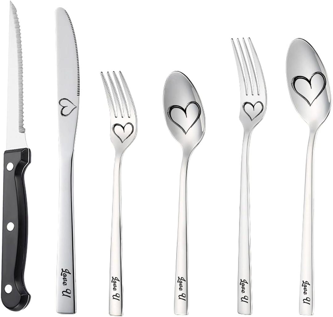 WORTHBUY Matte Black Silverware Set 5 Pieces Flatware Set Stainless Steel Tableware Cutlery Set Reusable Utensil Includes Spoon Forks Knife Set for Kitchen Work Dishwasher Safe (Heart Pattern)