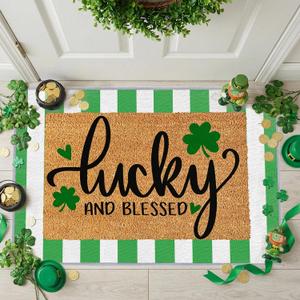 2 Pcs St. Patrick's Day Coir Door Mat Outdoor Rug Lucky Shamrock Welcome Doormat Green White Stripe Rug Irish Home Decor for St. Patrick's Day Front Door Porch Entryway Decor