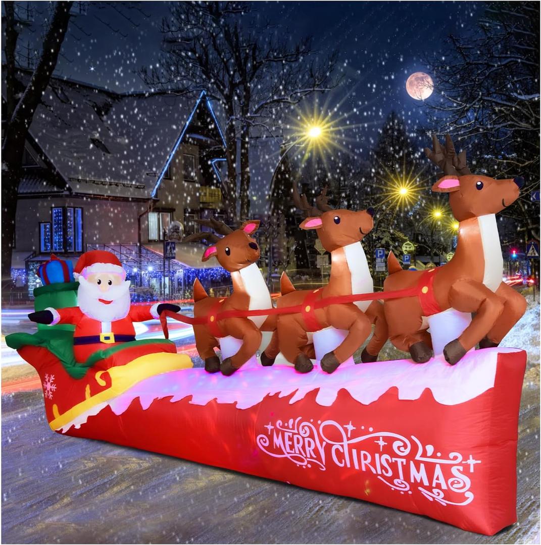 10FT Christmas Inflatable Santa Claus on Sleigh with 3 Reindeer, Blow Up Yard Clearance with LED Lights Built-in, Holiday Party Decor for Garden