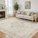6x9 Washable Area Rug for Living Room, Vintage Neutral Large Boho Rugs for Office, Dining Room, Kids Room, Farmhouse, Durable Low Pile Non Slip Carpet for High Traffic Areas, Cream