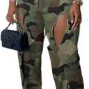 Women's Camo Cargo Pants High Waist Y2K Baggy Cut Out Straight Leg Casual Trousers Streetwear (Medium, 0-camo Green)