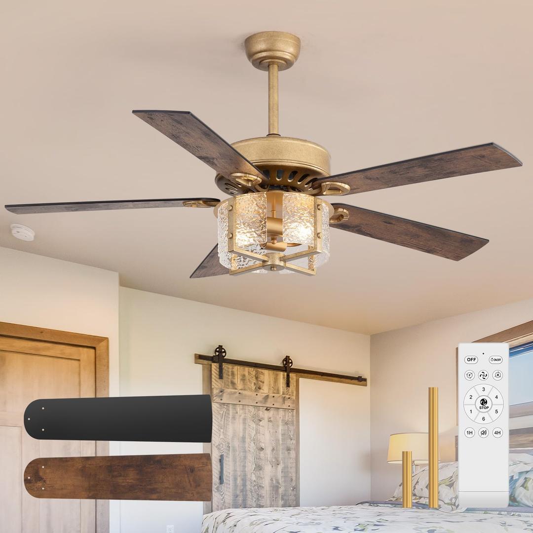 52 Inch Farmhouse Ceiling Fan with Rustic Chandelier Lights, Ultra Quiet DC Motor, 5 Reversible Blades Downrod Mount Antique Fan for Bedroom Living Room - Vintage Black Gold