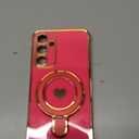 for Samsung Galaxy A16 5G Love Heart Kickstand Case with 2X Screen Protector: Luxury Plated Gold Edge Slim Soft TPU Shockproof Protection Case Cover for Galaxy A16 (Hot Pink)