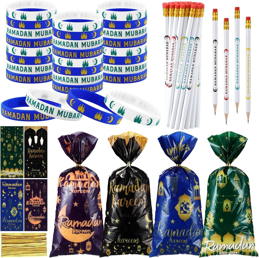 Mooliwe 144 Pcs Ramadan Mubarak Party Favor Gifts Bulk 48 Eid Ramadan Muslim Pencils 48 Mubarak Wristbands 48 Cellophane Gift Bag for Party Decorations Supplies(Conventional Style)